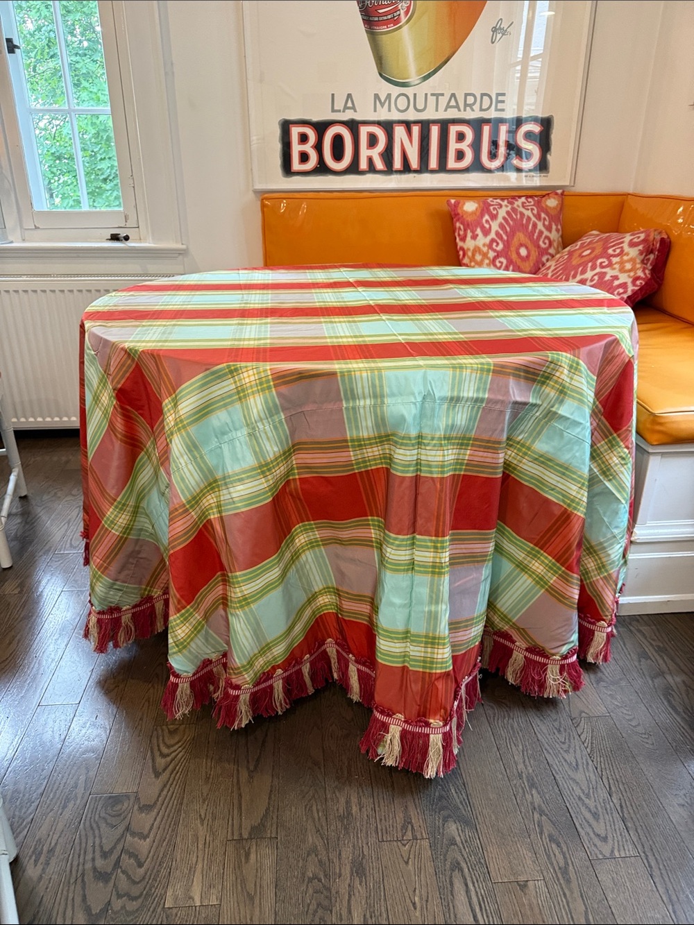 Silk Plaid Fringe Round Tablecloth in Red and Mint and Aqua Home Dining